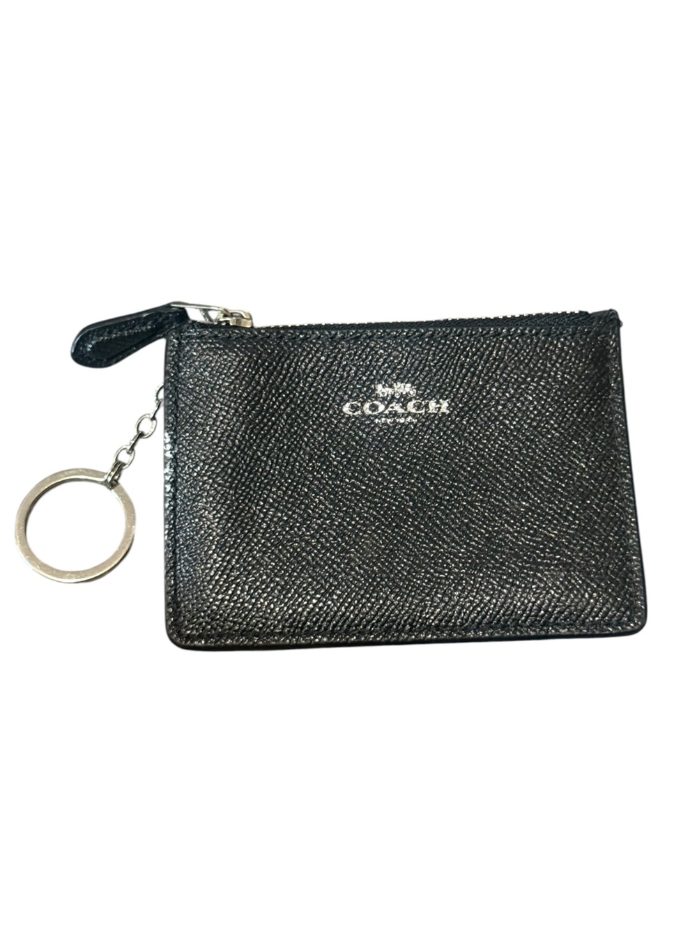 Coach Black Textured Leather Card Holder with Keyring and ID Window